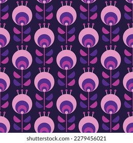 Retro seamless pattern with floral elements in scandinavian style. Geometric stylized flowers, 60s, 70s. surface design, fabric, paper, stationery.
