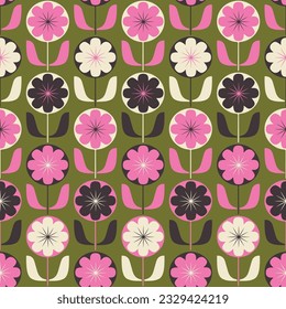 Retro seamless pattern with floral elements in scandinavian style. Geometric stylized flowers, 60s, 70s. surface design, fabric, paper, stationery.