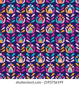 Retro seamless pattern with floral elements in scandinavian style. Geometric stylized flowers, 60s, 70s. surface design, fabric, paper, stationery.