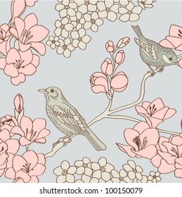 retro seamless pattern with flowers and birds