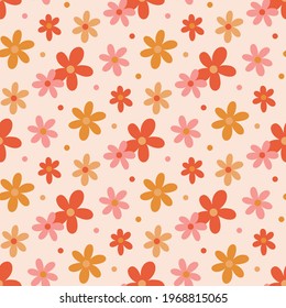 Retro seamless pattern with flowers daisies, in a warm color palette. It can be used for packaging, wrapping paper, textile, home decor, for scrapbooking. Vintage style 60s 70s