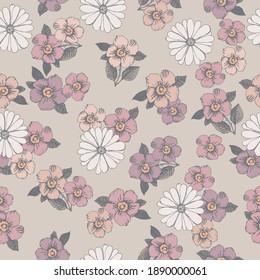 Retro seamless pattern with flowers and leaves. Floral background for textile, fabric manufacturing, wallpaper, covers, surface, print, gift wrap, scrapbooking. Vector.