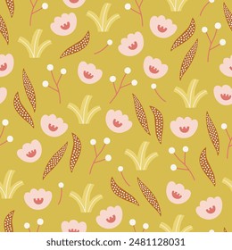 Patrón retro sin costuras con flores, hojas y bayas sobre fondo amarillo. Perfecto para saludos de verano, Fondo de pantalla, papel de embalaje, tela. Ilustración vectorial