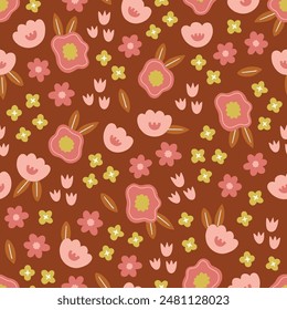 Retro seamless pattern with flowers, tulips, leaves on brown background. Perfect for summer greetings, wallpaper, wrapping paper, fabric. Vector illustration
