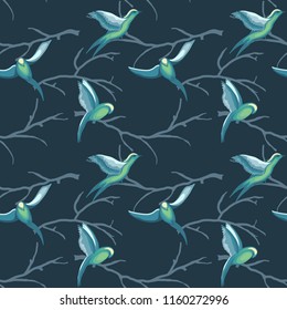 Retro seamless pattern of flying birds on branches of trees in watercolor style scattered random on dark background. Vector seamless pattern for fashion prints.