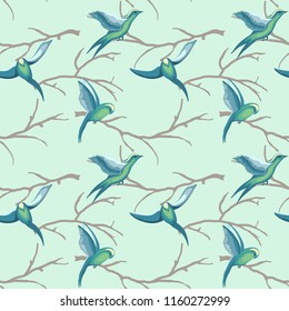 Retro seamless pattern of flying birds on branches of trees in watercolor style scattered random on pastel background. Vector seamless pattern for fashion prints.