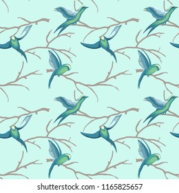 Retro seamless pattern of flying birds on branches of trees in watercolor style scattered random on pastel background. Vector seamless pattern for fashion prints.