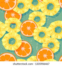 Retro seamless pattern with fresh pineapple and   orange pieces  on blue background. Backdrop with exotic juicy fruit. Hand drawn vector illustration in vintage style for wrapping paper, fabric print
