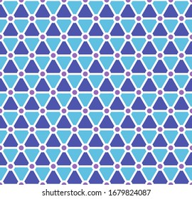 Patrón retro sin fisuras. Formas geométricas. Fondo de mosaico colorido. Triángulos y rondas azules y púrpura.  Ilustración vectorial aislada en fondo blanco.