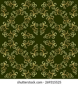  Retro seamless pattern. Gold curls on the green background.