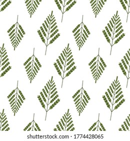 Retro seamless pattern with green fern leaf for wallpaper, fabric, wrapping paper. Tropical floral fashion design. Vector repeat image. Exotic jungle backdrop.