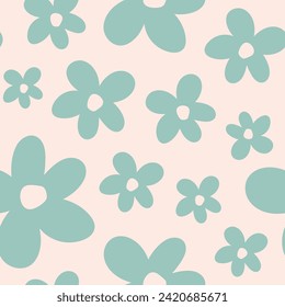 Retro seamless pattern with green flowers and beige background