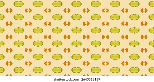 Retro Seamless Pattern with Green Hexagonal Motifs and Orange Floral Shapes on Cream Background