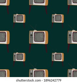 Retro seamless pattern with grey and orange colored tv ornament. Dark turquoise background. Flat vector print for textile, fabric, giftwrap, wallpapers. Endless illustration.