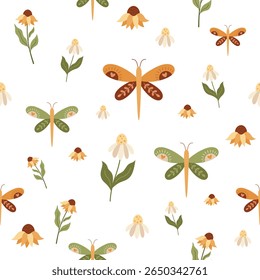Retro seamless pattern with groovy butterfly and flowers . Spring, summer, floral vector background