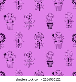 Retro seamless pattern with groovy element. Cartoon characters with faces funky flower power with patch, daisy flowers, cactus flower pot on purple backgroundin. Vector linear hand drawn doodle style
