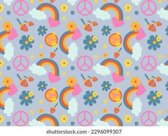 Retro seamless pattern with groovy elements. 70s hippie wallpaper. Cartoon funky mushrooms, flowers, rainbow, cloud, peace. Vintage hippy style.