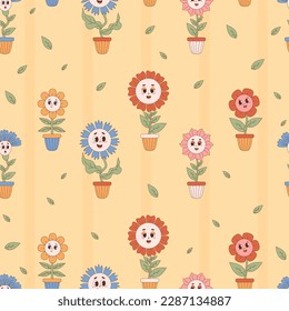 Retro seamless pattern with Groovy flower power pots on yellow striped background. Vector Illustration. Aesthetic Modern Art flower Power for wallpaper, design, textile, packaging, decor.