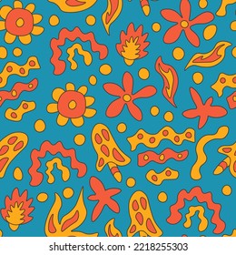 Patrón retro sin fisuras con flores groovy. Funny colorido vintage floral 60s 70s de fondo en dibujos animados de estilo psicodélico con elementos fluidos. Arte con ácido líquido con arco iris y hongos
