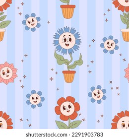 Retro seamless pattern. Groovy flowers power on blue striped background. Vector Illustration. Aesthetic modern art daisy flower for wallpaper, design, textile, packaging, decor