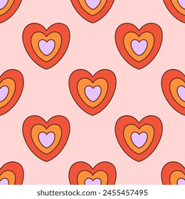 Retro seamless pattern of groovy heart. Symbol of love. Colorful vector illustration in vintage style. Hippie 60s, 70s textile design