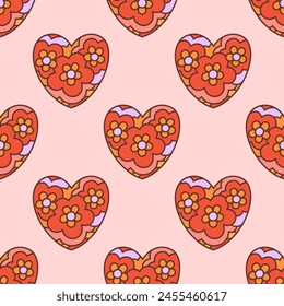 Patrón retro sin fisuras de corazón maravilloso con flores de margarita. Símbolo de amor. Ilustración vectorial colorida en estilo vintage. Diseño hippie de los años 60 y 70