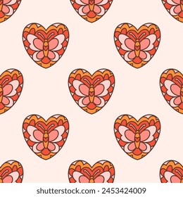 Retro seamless pattern of groovy hearts with butterfly. Colorful vector illustration in vintage style. Hippie 60s, 70s textile design