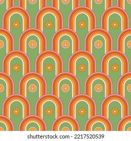 Retro seamless pattern with groovy rainbow, hippie peace sign and flowers. Vintage vector for postcard, invitation, wrapping paper, packaging etc.