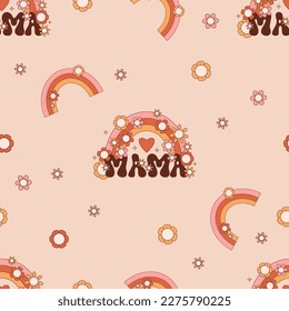 Retro seamless pattern. Groovy rainbow with Daisy Flowers and lettering mama. Vector Illustration. Aesthetic Modern Art for mothers day celebration wallpaper, design, textile, packaging, decor