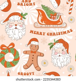 Retro seamless pattern with groovy Santa Claus, gingerbread man, Christmas wreath, Santa Claus sleigh, candy cane, slogan text and abstract elements. Vintage vector for winter holidays.