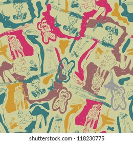 Retro seamless pattern with hand drawn sketches of people