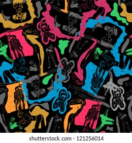 Retro seamless pattern with hand drawn sketches of people