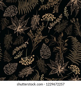 Retro Seamless pattern. Hand drawn vector illustrations - Forest Autumn botanical, acorns, pine cones, maple leaves. Design for fashion,fabric,wallpaper and all prints on black vintage mood