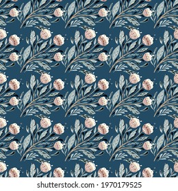 Retro seamless pattern in hand drawn style with folk bouquet flowers elements. Blue background. Perfect for fabric design, textile print, wrapping, cover. Vector illustration.