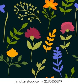 Patrón retro sin soldadura con flores naïf dibujadas a mano Bouquet y elemento botánico Sencillo fondo estético floral para tela, textil, envoltura, impresión, decoración, papel pintado, cubierta Ilustración vectorial 