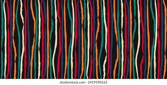Retro seamless pattern hand drawn colorful paint lines on black. Vector summer 70s rainbow line abstract background. 80s art striped illustration. Wrapping paper print. Web page fill folk texture
