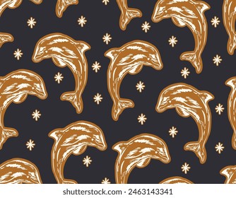 Retro Seamless pattern Retro hand drawn line sketch dolphin. Vector illustration , Design for fashion , fabric, textile, wallpaper , wrapping and all prints