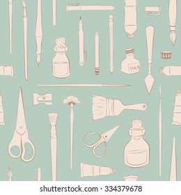 Retro seamless pattern. Hand drawn illustration of art supplies in pale brown and beige colors on aquamarine background.