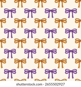 Modelo inconsútil retro con los lazos y las cintas coquetas dibujados a mano. Diseño de Halloween para textiles, envoltura y decoración. Vector