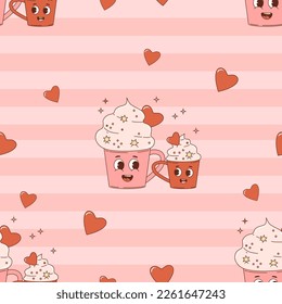 Retro seamless pattern. Happy cartoon characters dessert cups mom and baby on pink background with hearts. Vector Illustration for wallpaper, design, textile, packaging, decor