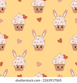 Retro seamless pattern. Happy cartoon characters easter cakes cupcake on yellow background. Vector Illustration for wallpaper, design, textile, packaging, holiday decor, childrens collection