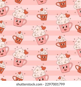 Retro seamless pattern. Happy cartoon characters dessert cups on pink background. Vector Illustration for wallpaper, design, textile, packaging, decor
