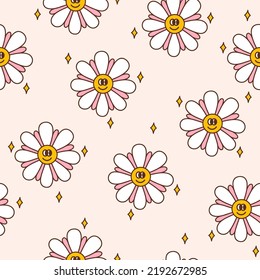 Retro seamless pattern with happy daisies and stars. Background in a warm color palette. Textile design in vintage style 60s 70s. Vector illustration.