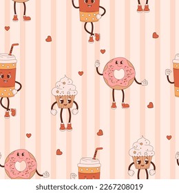 Patrón retro sin fisuras. Personajes de alegres dibujos animados hacen pastelitos, donut y café de comida para llevar con fondo de luz a rayas. Ilustración vectorial para papel pintado, diseño, textil, embalaje, decoración
