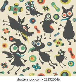 Retro seamless pattern with happy monsters.