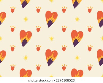 Retro seamless pattern with heart. Groovy elements. 70s hippie wallpaper, psychedelic style. Cartoon funky design. Vintage hippy style. Positive symbols or badges.