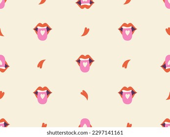 Retro seamless pattern with heart and lips. Groovy elements. 70s hippie wallpaper, psychedelic style. Cartoon funky design. Vintage hippy style. Positive symbols or badges.
