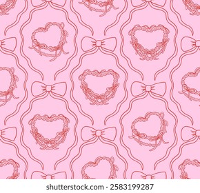 Retro seamless pattern with heart shaped cakes with ribbons. Vector background with cakes in bow frames. Vintage coquette aesthetic