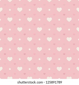 Retro seamless pattern. Hearts and dots on pink background