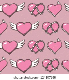 Retro seamless pattern with hearts, pearls, bird and wings